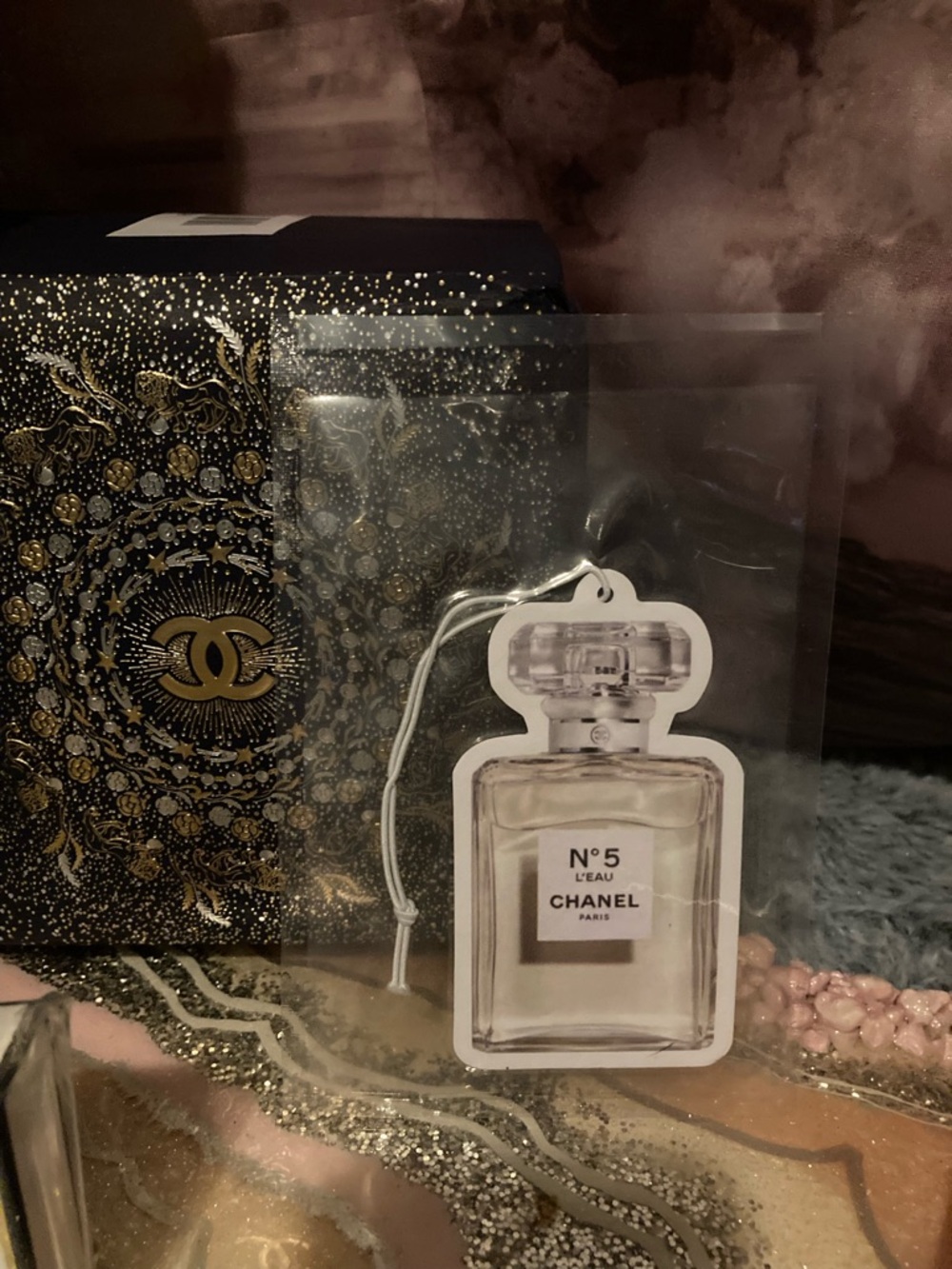 CHANEL  Navy Blue and Gold Glitter Crossbody with Camellia Charm, perfume bundle - Picture 4 of 7